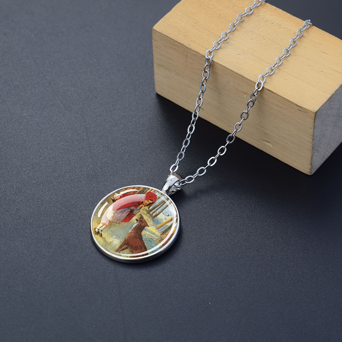 Little Red Riding Hood Forest Scene Dome Glass Pendant Necklace